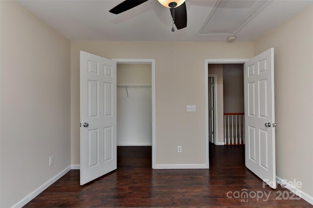 2017 Bridleside Dr, Indian Trail, NC 28079 - unfurnished bedroom with wood finished floors, baseboards, a closet, and a ceiling fan