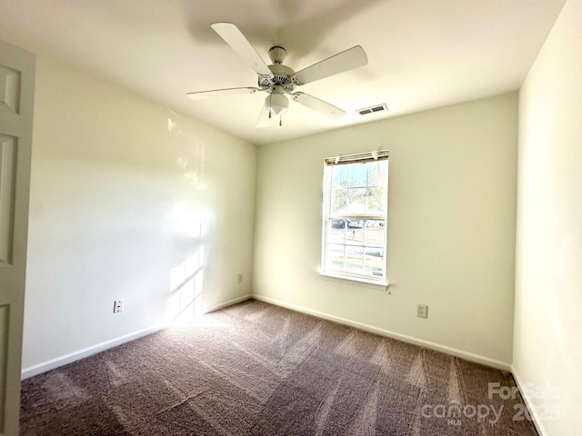 empty room featuring carpet floors, baseboards, visible vents, and a ceiling fan