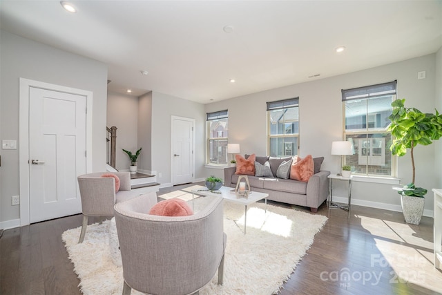 living room featuring baseboards, wood finished floors, and recessed lighting