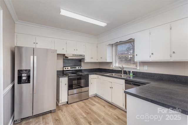 kitchen featuring under cabinet range hood, a sink, white cabinetry, appliances with stainless steel finishes, and dark countertops