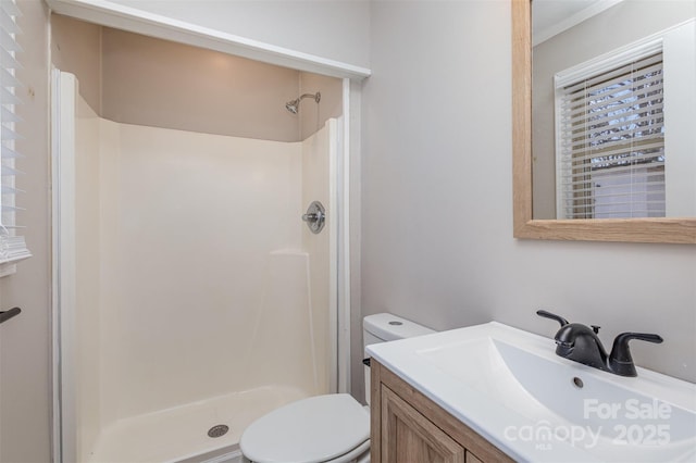 full bathroom with toilet, a shower stall, and vanity