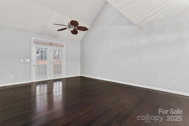 spare room with a ceiling fan, baseboards, high vaulted ceiling, and hardwood / wood-style floors