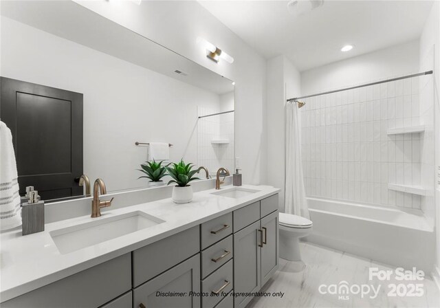 full bathroom with toilet, double vanity, a sink, and shower / bath combo with shower curtain