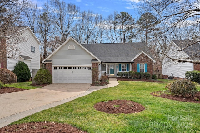 view of front of property featuring brick siding, a shingled roof, concrete driveway, a front yard, and a garage