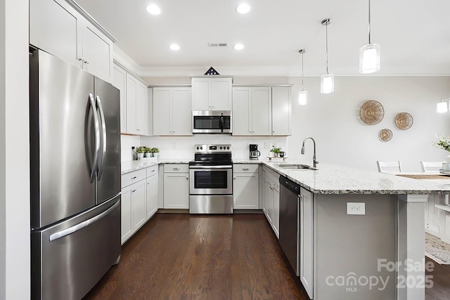 kitchen with visible vents, a sink, a peninsula, ornamental molding, and stainless steel appliances