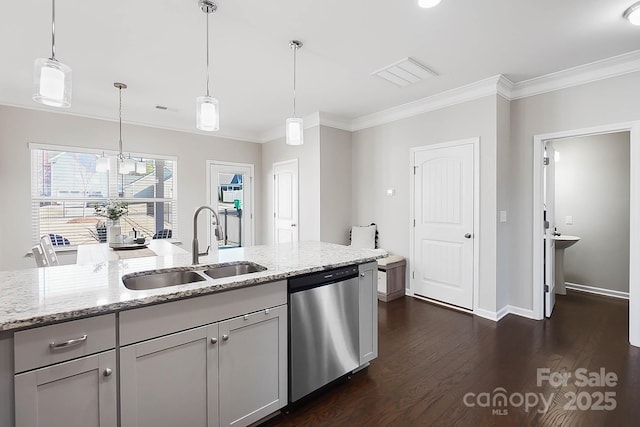 kitchen with stainless steel dishwasher, a sink, dark wood-style flooring, and crown molding