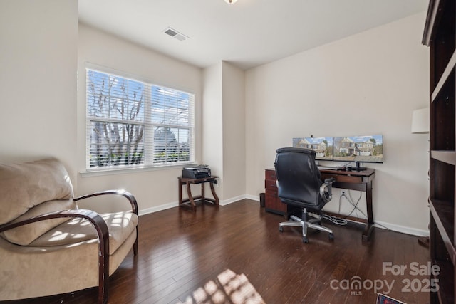 home office featuring baseboards, visible vents, and hardwood / wood-style floors