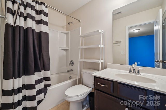 bathroom featuring tile patterned flooring, toilet, visible vents, vanity, and shower / tub combo with curtain