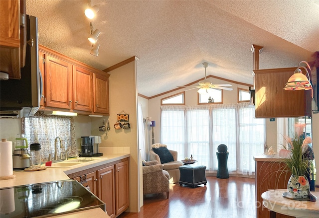 kitchen with lofted ceiling, a textured ceiling, a ceiling fan, light wood finished floors, and brown cabinetry