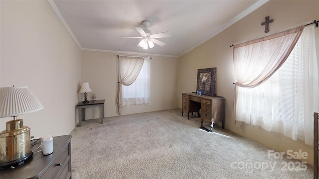 interior space featuring a ceiling fan, crown molding, and light colored carpet