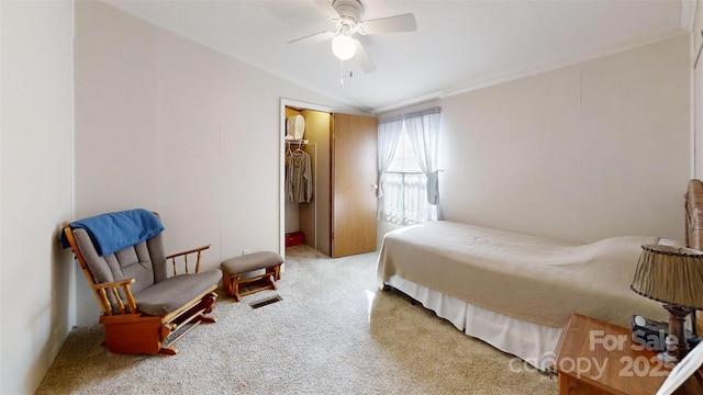 bedroom featuring lofted ceiling, carpet, and ceiling fan