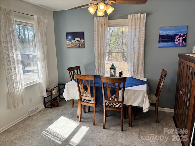 dining area featuring a healthy amount of sunlight, baseboards, visible vents, and ceiling fan