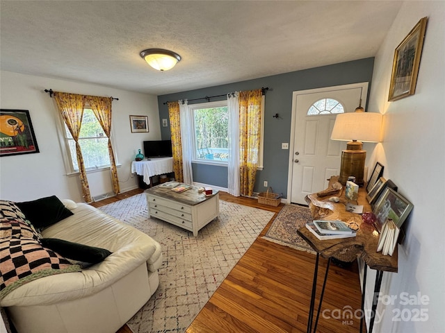 living area featuring a textured ceiling, plenty of natural light, light wood-style flooring, and baseboards