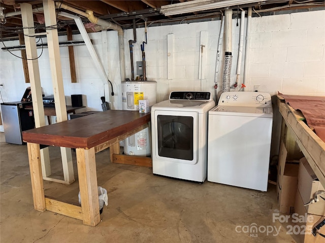 laundry room with laundry area, electric water heater, and separate washer and dryer