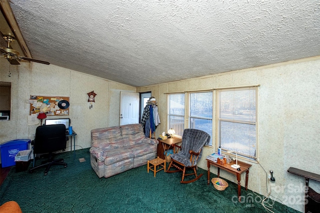 carpeted living room featuring vaulted ceiling and a textured ceiling