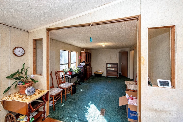 living area featuring a textured ceiling and carpet flooring