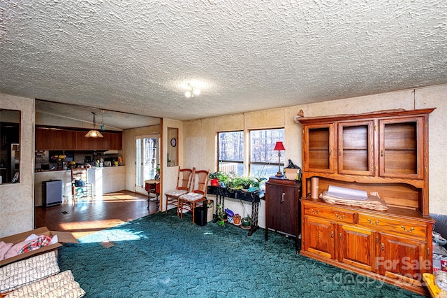 carpeted living area with a textured ceiling