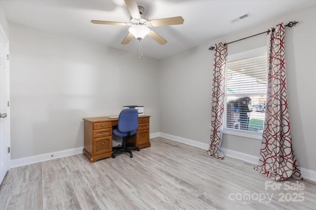 home office with ceiling fan, light wood-style floors, visible vents, and baseboards