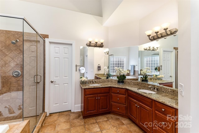 full bath featuring double vanity, a sink, and a shower stall