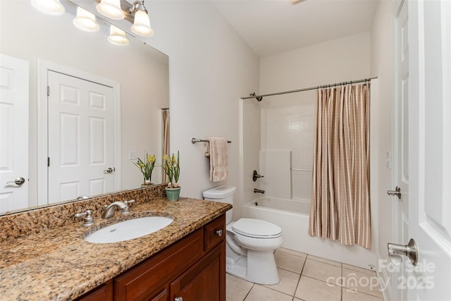 bathroom with toilet, tile patterned flooring, vanity, and shower / bathtub combination with curtain