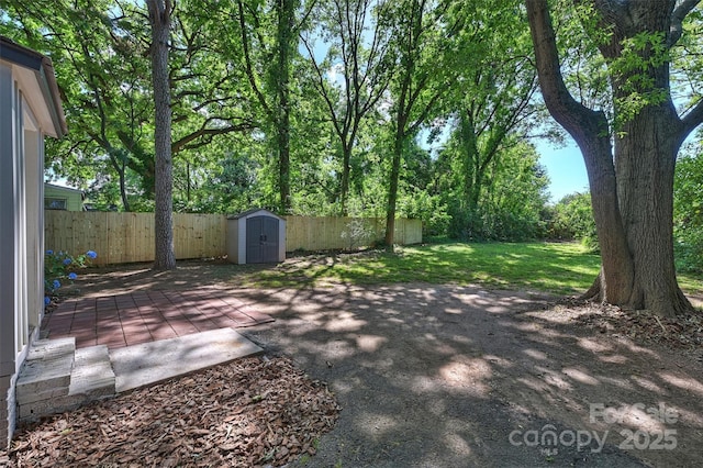 view of yard featuring a patio area, a shed, a fenced backyard, and an outbuilding