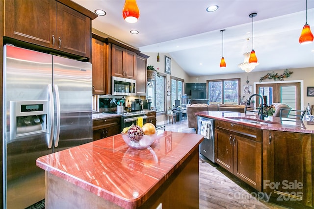 kitchen with light wood finished floors, appliances with stainless steel finishes, a kitchen island with sink, vaulted ceiling, and a sink