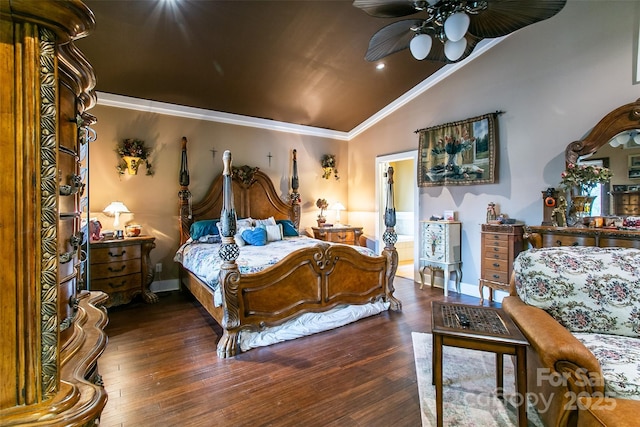 bedroom featuring lofted ceiling, hardwood / wood-style flooring, baseboards, and ornamental molding