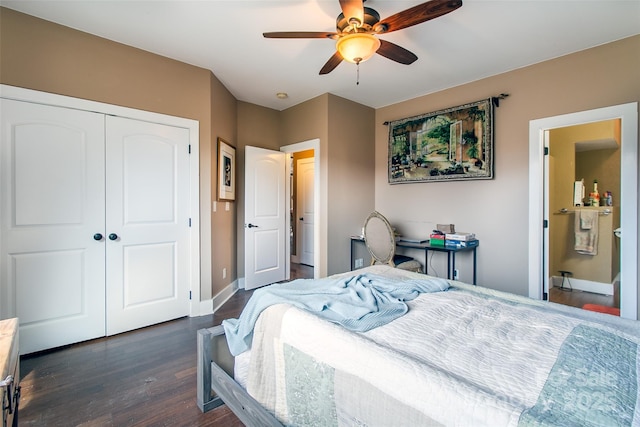 bedroom featuring dark wood-style flooring, a closet, a ceiling fan, and baseboards