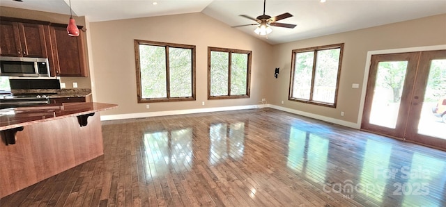 5 N Valley Dr, Weaverville, NC 28787 - kitchen featuring stainless steel appliances, dark wood-style floors, lofted ceiling, ceiling fan, and french doors