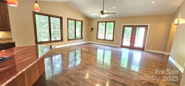 5 N Valley Dr, Weaverville, NC 28787 - unfurnished living room with dark wood-type flooring, a ceiling fan, baseboards, lofted ceiling, and french doors