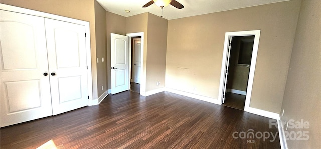 5 N Valley Dr, Weaverville, NC 28787 - unfurnished bedroom with dark wood-style floors, baseboards, a closet, and a ceiling fan