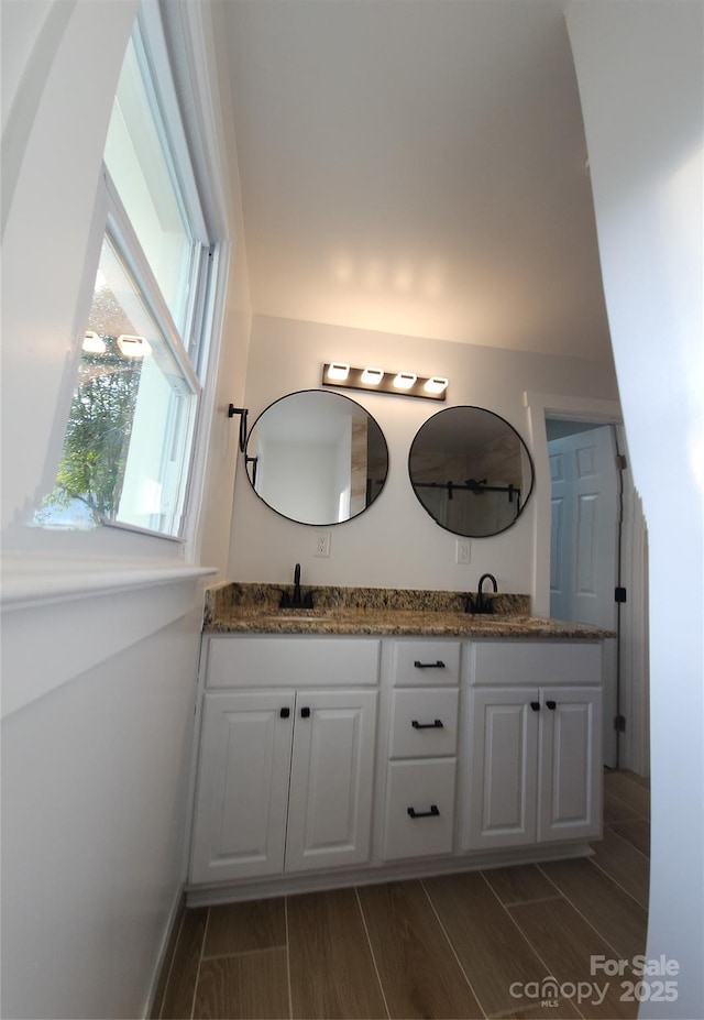 bathroom featuring wood finish floors, a sink, and double vanity