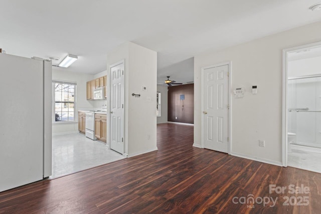 unfurnished room featuring light wood-style flooring, baseboards, and a ceiling fan