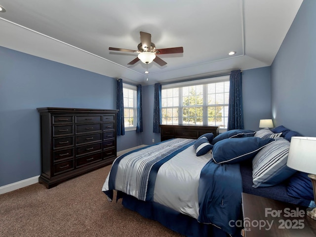 bedroom featuring lofted ceiling, recessed lighting, carpet flooring, ceiling fan, and baseboards