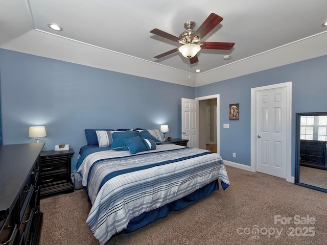 carpeted bedroom featuring a ceiling fan, recessed lighting, and baseboards