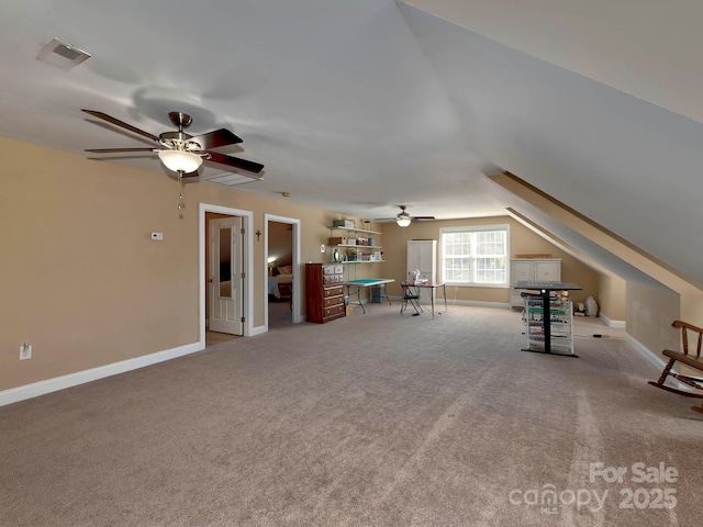 recreation room with carpet floors, baseboards, visible vents, and a ceiling fan