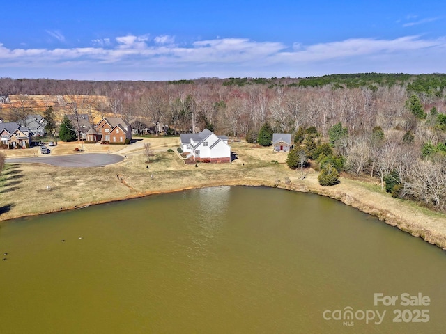 drone / aerial view featuring a water view and a wooded view