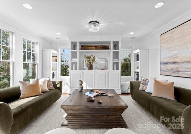 living area featuring ornamental molding, wood finished floors, and recessed lighting