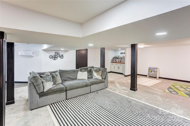 living room featuring baseboards, a wall mounted AC, recessed lighting, and light colored carpet