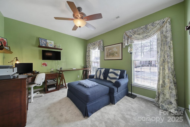 bedroom featuring carpet, visible vents, ceiling fan, and baseboards