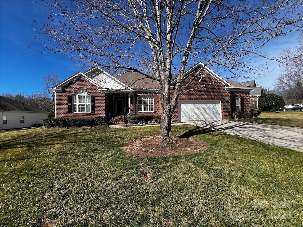 ranch-style house featuring concrete driveway, brick siding, a front lawn, and an attached garage