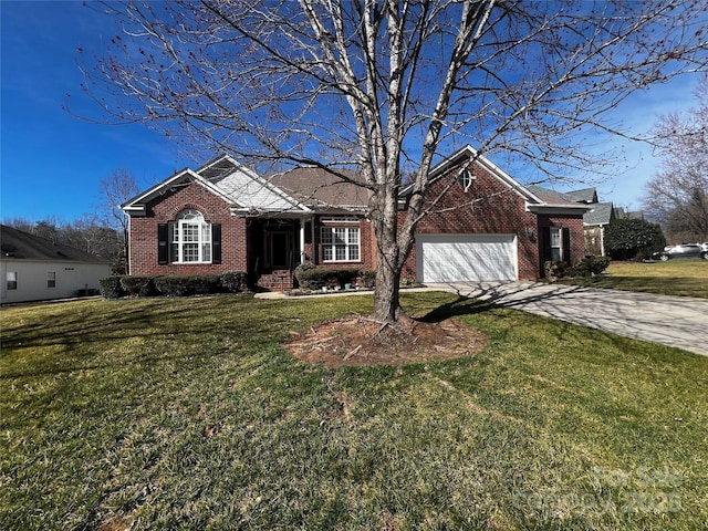 ranch-style house featuring concrete driveway, brick siding, a front lawn, and an attached garage