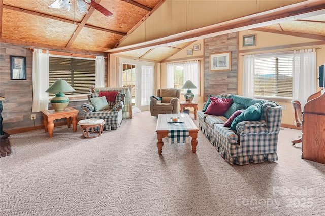 193 Oak Ridge Rd, Hendersonville, NC 28792 - living room featuring a healthy amount of sunlight, ceiling fan, carpet floors, and vaulted ceiling