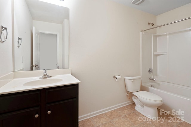 bathroom featuring toilet, vanity, baseboards, shower / bathtub combination, and tile patterned flooring