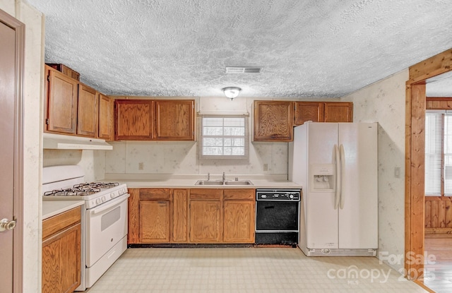 kitchen with a sink, white appliances, under cabinet range hood, and light floors