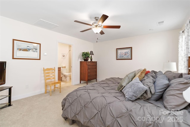 bedroom featuring light carpet, baseboards, visible vents, and ceiling fan