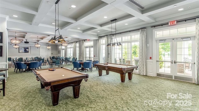 rec room featuring carpet floors, french doors, beamed ceiling, and billiards