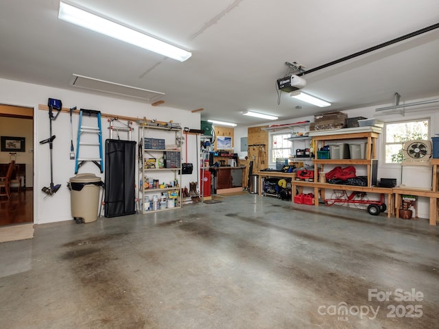 garage featuring a workshop area and a garage door opener