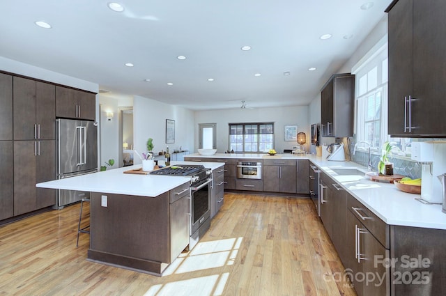 kitchen featuring light wood-style floors, a wealth of natural light, dark brown cabinets, and high quality appliances