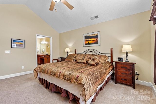 bedroom featuring light carpet, vaulted ceiling, visible vents, and baseboards